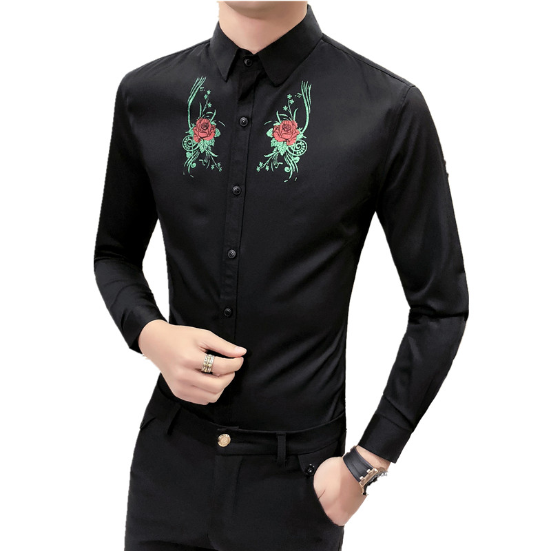 2色2018春新品工装美师潮流韩版修身夜店男工作服长袖印花衬衫