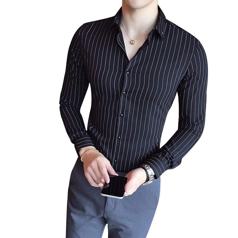 2018新品春季英伦风商务休闲修身男款长袖衬衫青年个性条纹男寸衫