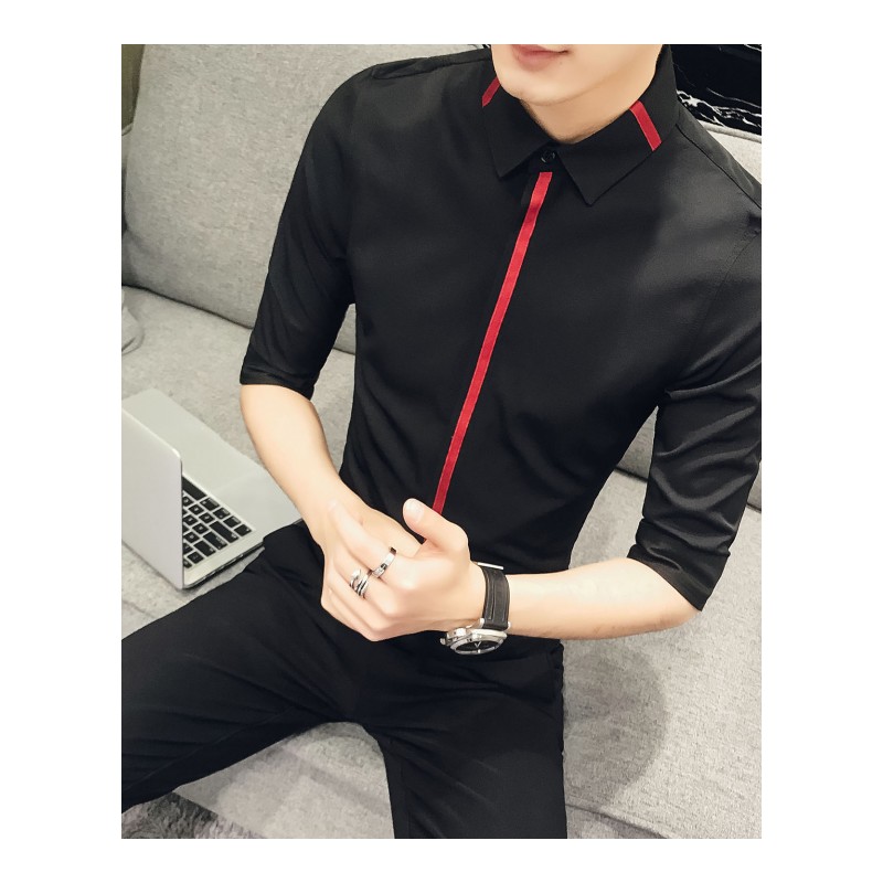 2色2018春夏新品小清新修身型男美师青年织带五分袖潮中袖衬衫