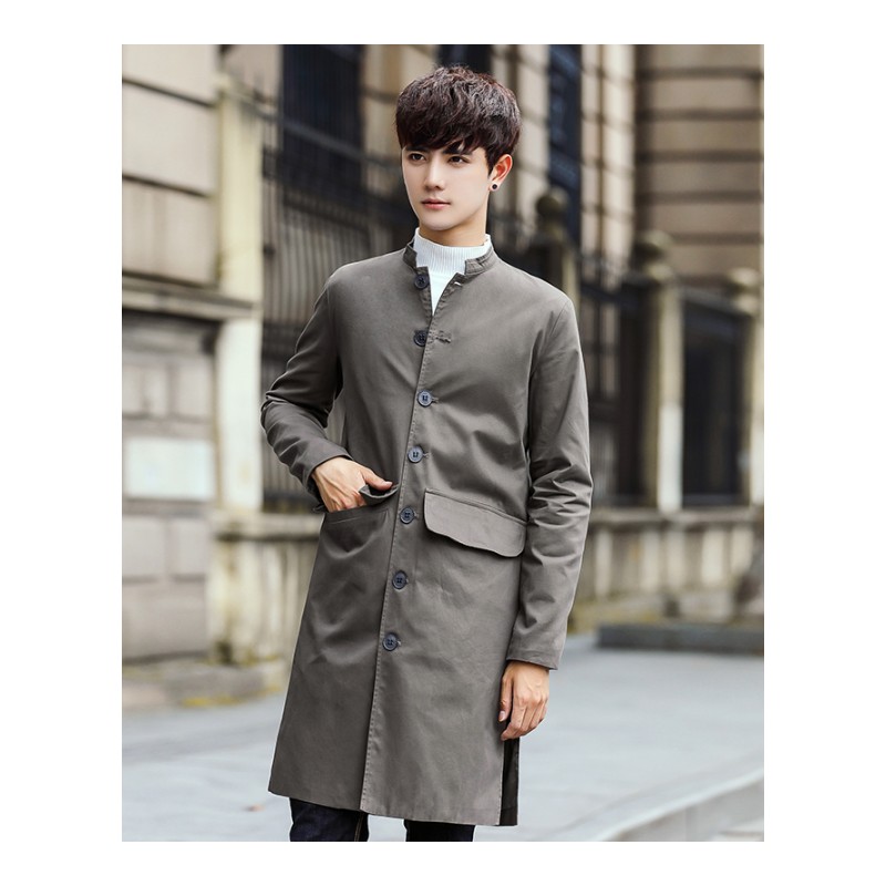 2018春装新品男款韩版中长款风衣纯色立领外套青少年帅气潮流外衣