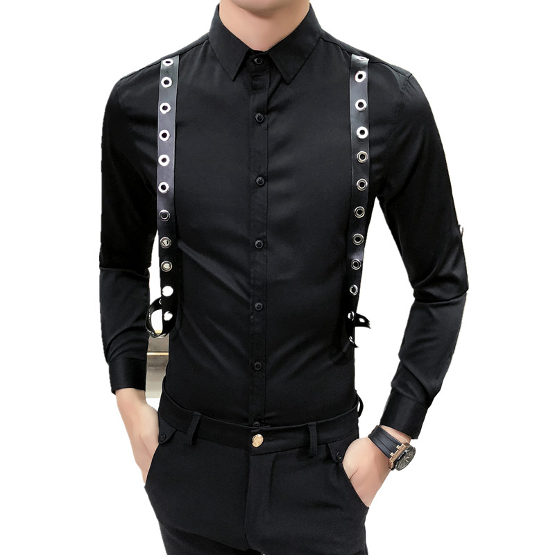 2018春季新男潮个性皮带装饰衬衫店主风夜店型师工作服KTV寸衫