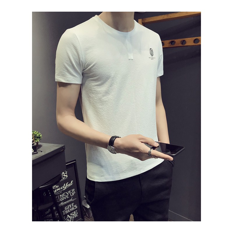 2018夏装新品休闲英伦男款圆领修身印花指纹短袖T恤青年半袖潮T恤