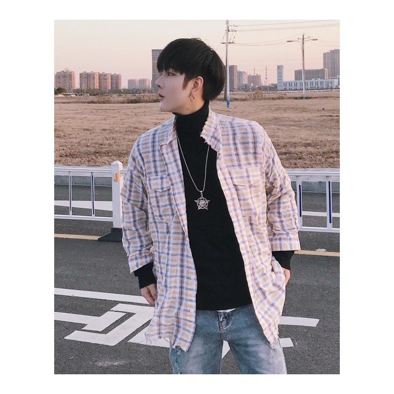 2018夏季新品韩版男款条纹七分袖衬衫青年宽松立领中袖港风男寸衫