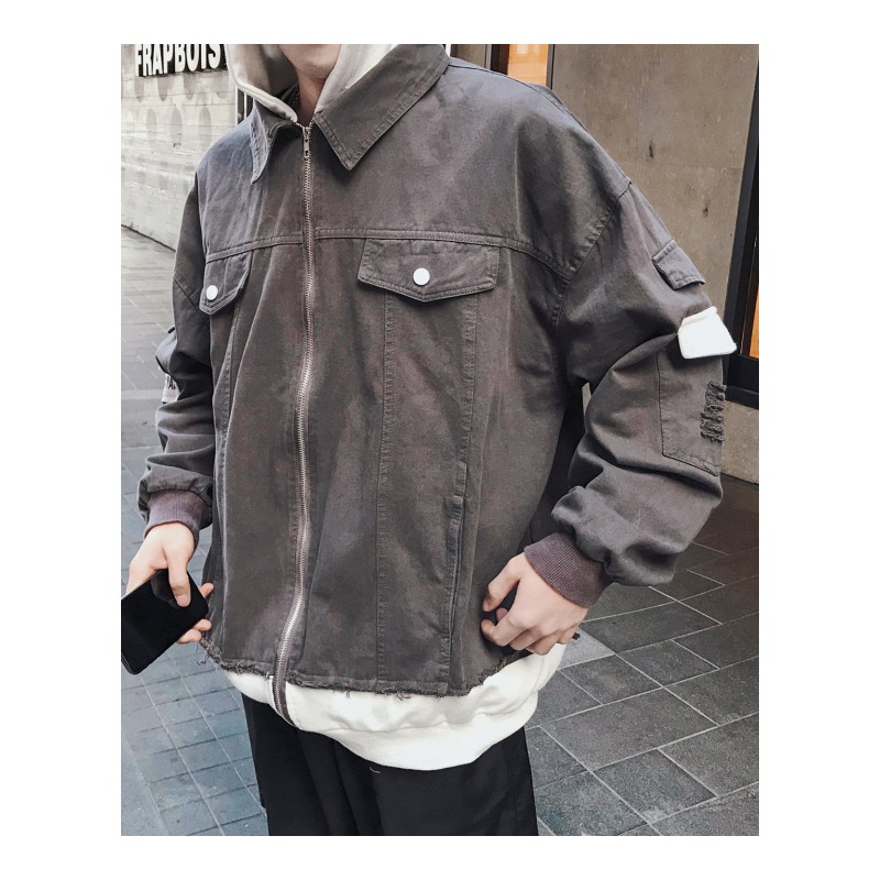 学生港风春装新品韩版宽松假两件外套男BF风连帽青少年夹克棒球服