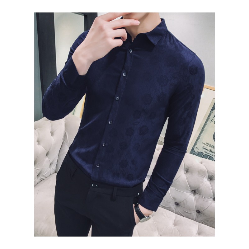 2色2018春装新品男款韩版休闲型师工装潮提花衣服修身长袖衬衫