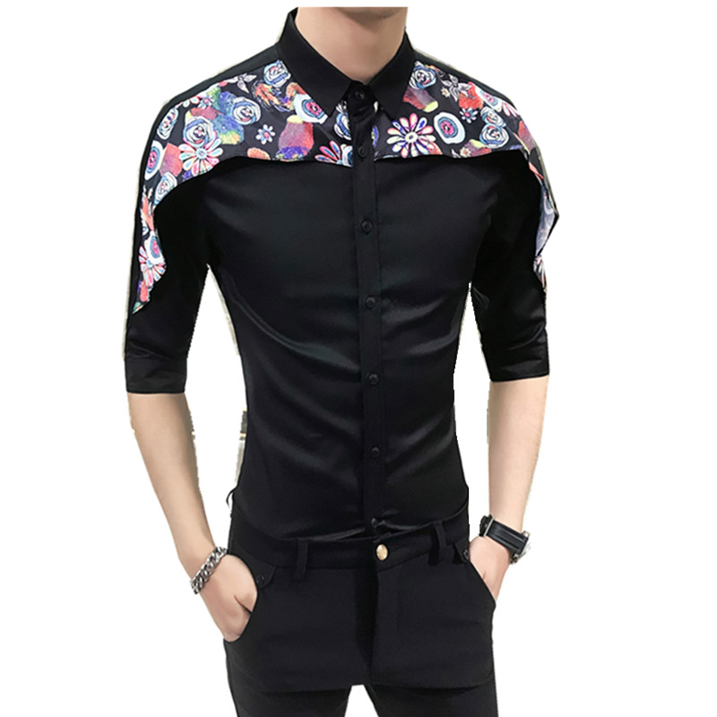 2色2018夏男韩版修身夜店型师七分袖工作紧身印花拼接中袖衬衫