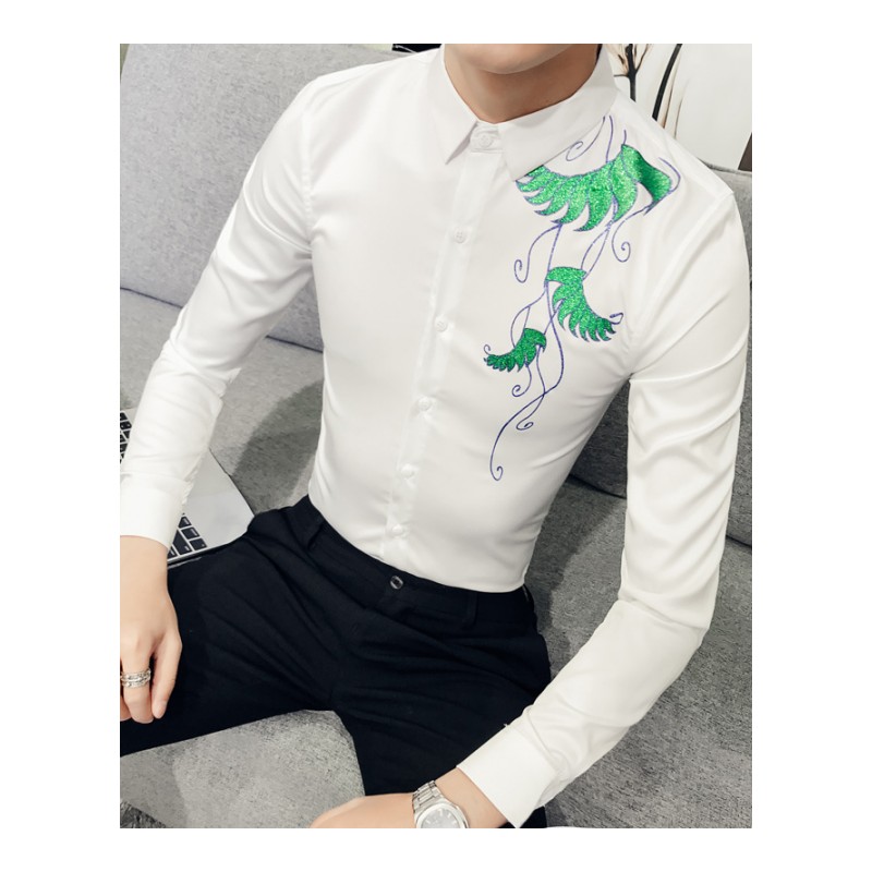 2018春季新品印花男款个性韩版修身长袖衬衫型师夜店潮男衬衣