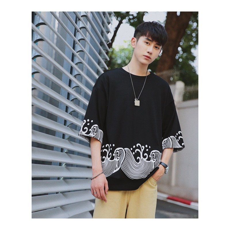 2018夏季新品港风男款宽松五分袖短袖T恤青少年韩版圆领半袖体恤