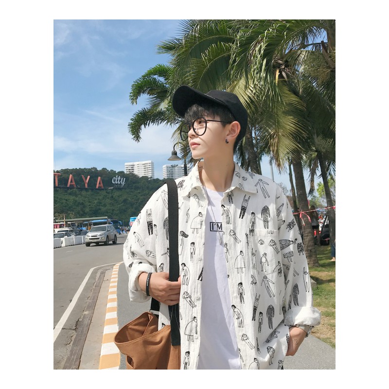 2018春装新品男款港风印花长袖衬衫青少年韩版休闲百搭男式潮寸衣