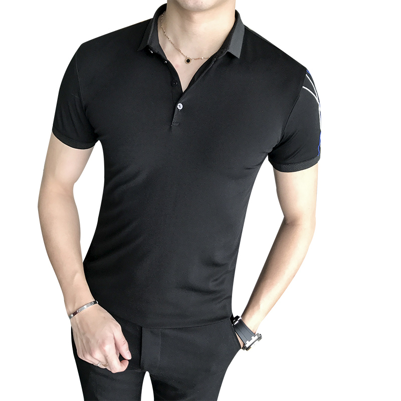2018夏季新品韩版男款修身短袖POLO衫烫花纯色T恤青年微领小衫潮T
