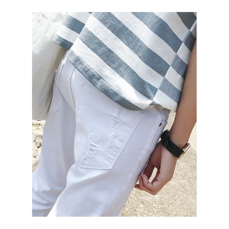 2018春夏新品韩版男款修身显瘦破洞工装裤学生九分小脚牛仔裤大码