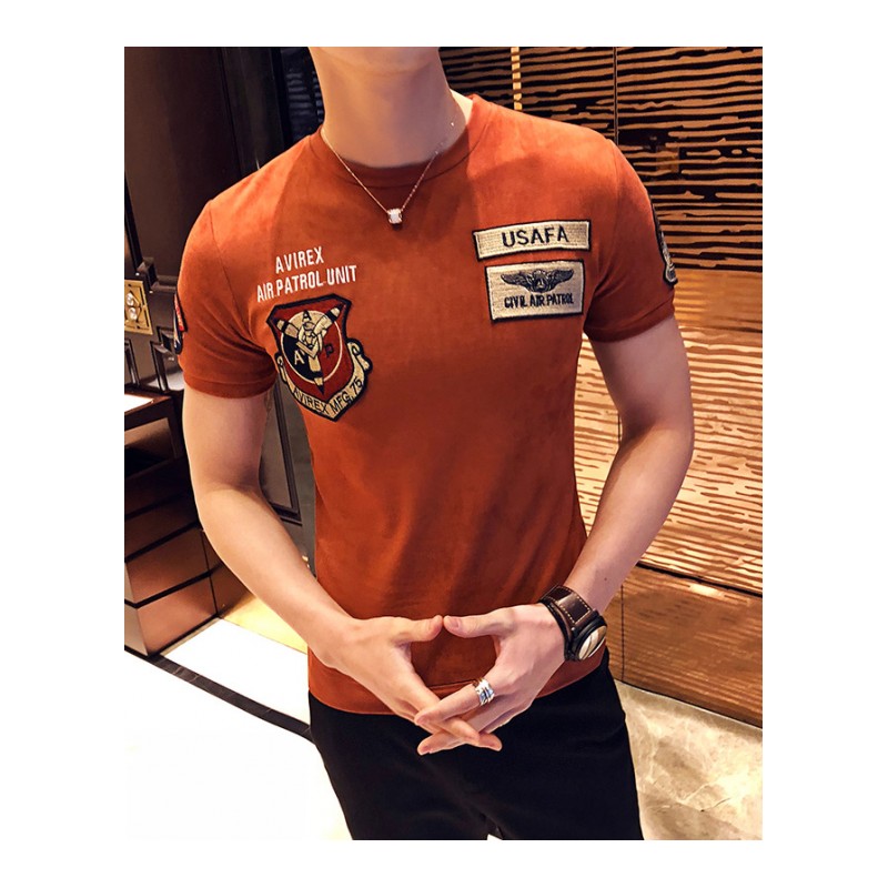 2018春夏新品男款鹿皮绒店主风短袖字母贴布款T恤青年韩版修身T恤