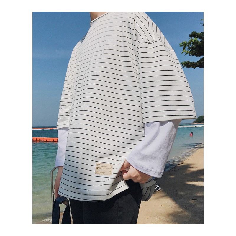 18春夏新品韩版男款复古黑白条纹假两件圆领长袖T恤学生打底上衣