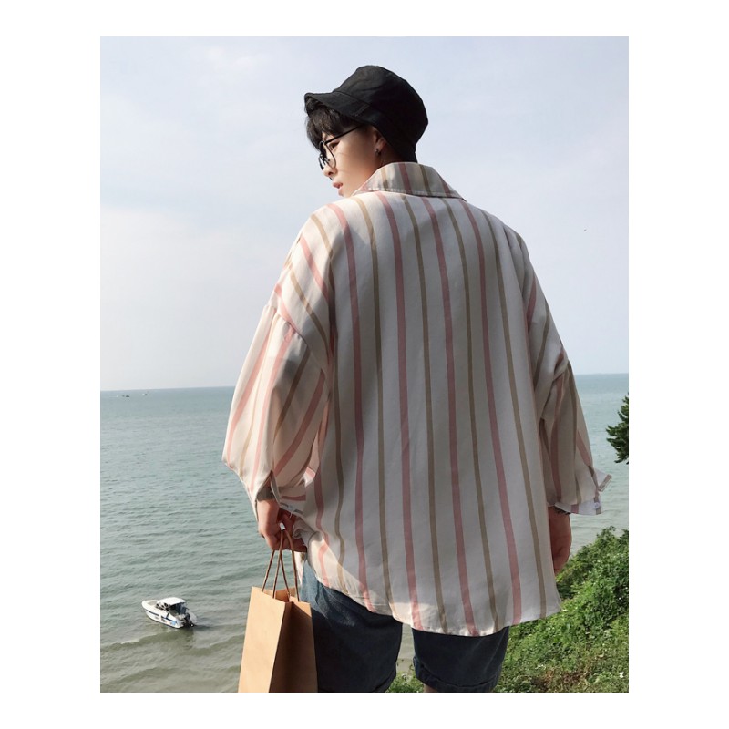 2018夏款男士新款条纹七分袖衬衫休闲宽松韩版日系运动竖条衬衣