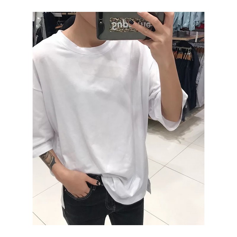 18春夏韩版男宽松显瘦不规则圆领开叉短袖T恤学生大码纯色打底衫