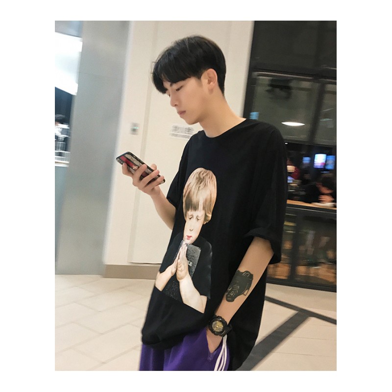 2018男夏bf学生时尚纯色短袖T恤圆领宽松简约半袖休闲日系打底衫