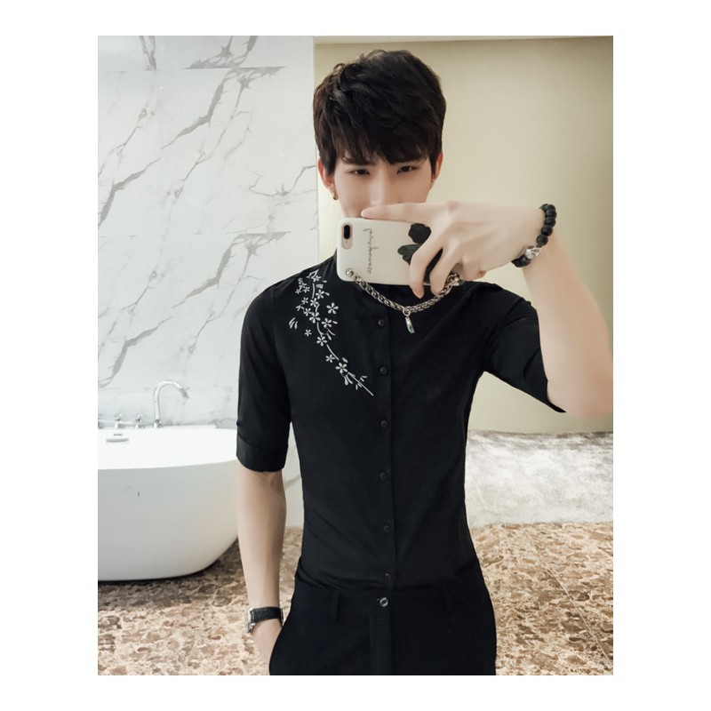 绣花型师衬衫七分袖韩版修身刺绣男士中袖衬衣时尚7分寸衫夏款