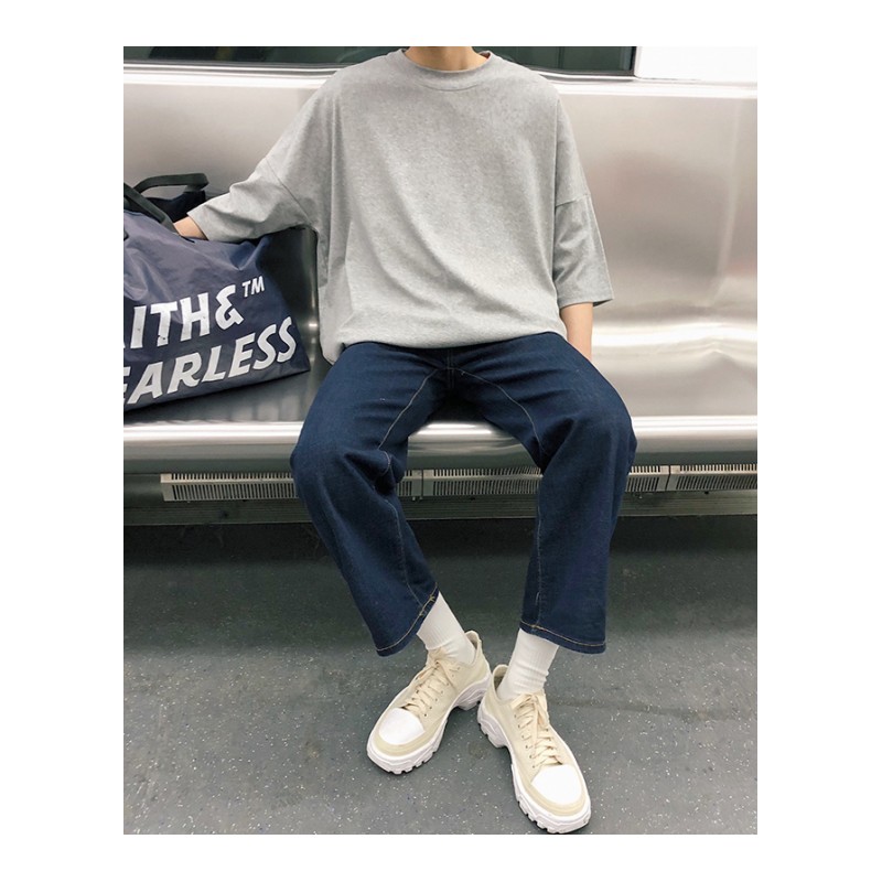 2018新款潮男纯色潮风宽松圆领学生个性时尚休闲落肩bf短袖T恤