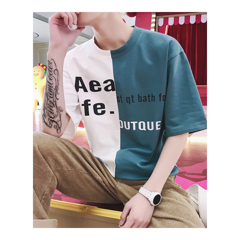 18年港仔学生夏款时尚男士小清新圆领短袖T恤男宽松五分半袖