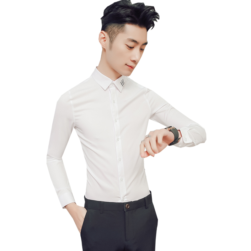 2018夏款长袖衬衫韩版修身青年百搭休闲打底衫男士型师英伦村衣