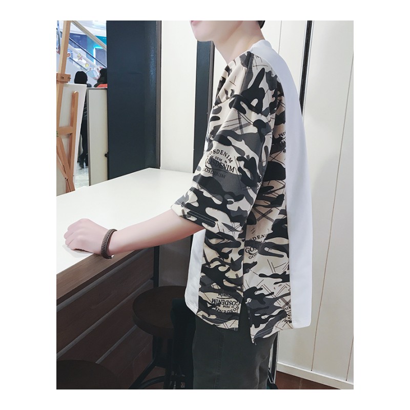 2018夏款男青少年学生时尚流行潮迷彩拼接五分袖短袖宽松休闲T恤