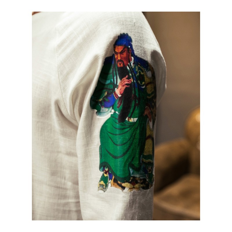 2018春夏款新款数码印花关公亚麻五分袖T恤青少年宽松型短袖体恤