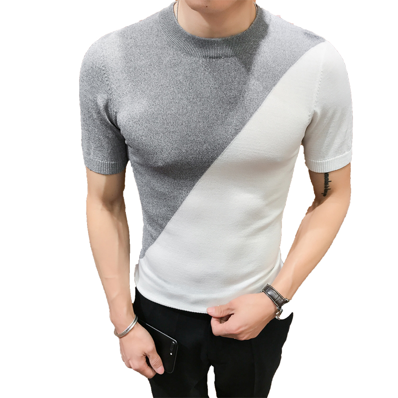 2018夏款新款男生圆领短袖T恤青年韩版修身撞色款休闲针织打底衫