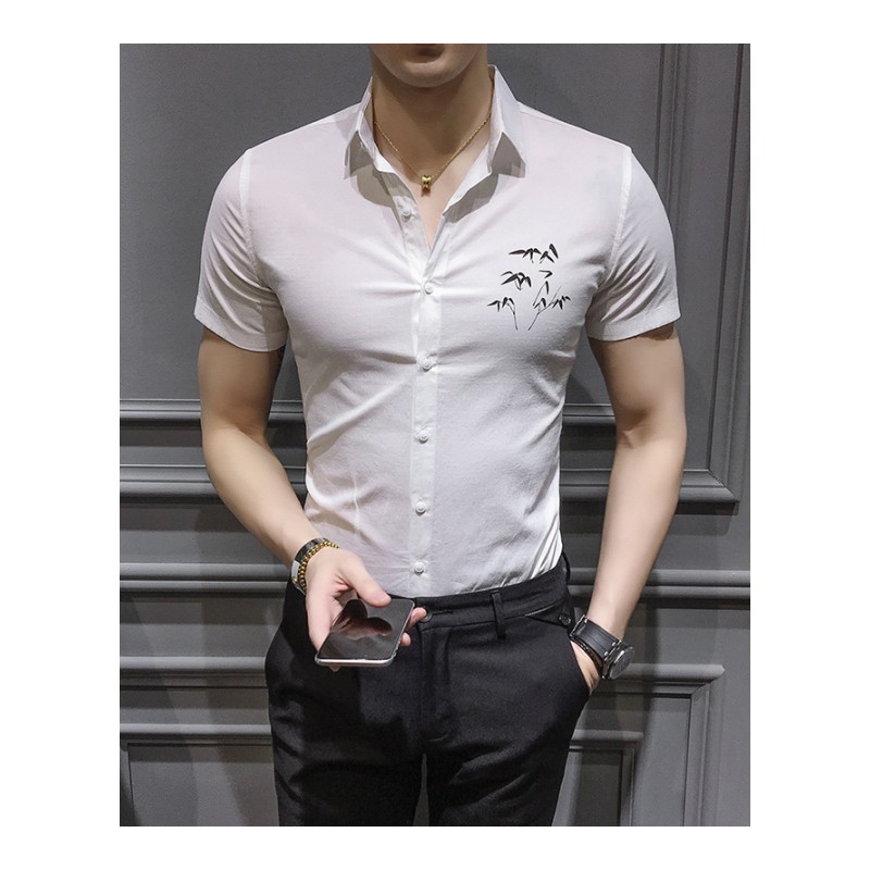 18夏装潮男士印花短袖衬衫型师五分袖衬衣韩版修身中袖休闲小衫