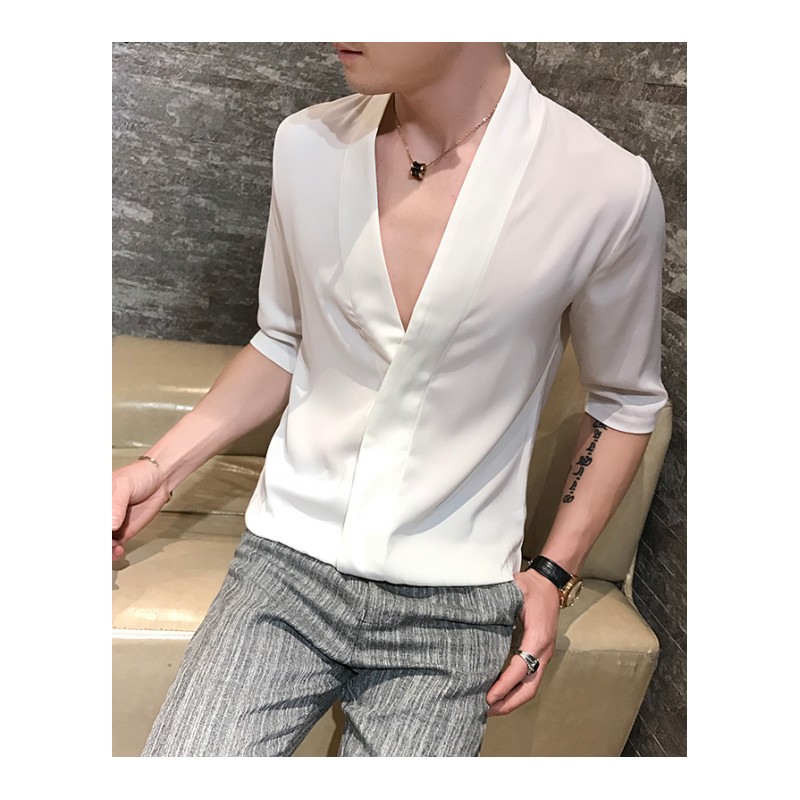 韩版夏款夜店潮男纯色V领短袖T恤青年型师时尚休闲流行男士衬衣