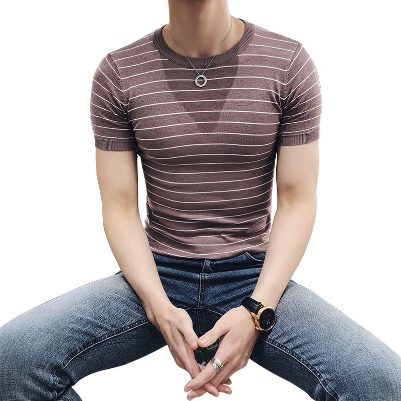 春夏新款时尚韩版修身针织衫体恤圆领条纹衣服社会小伙短袖T恤男