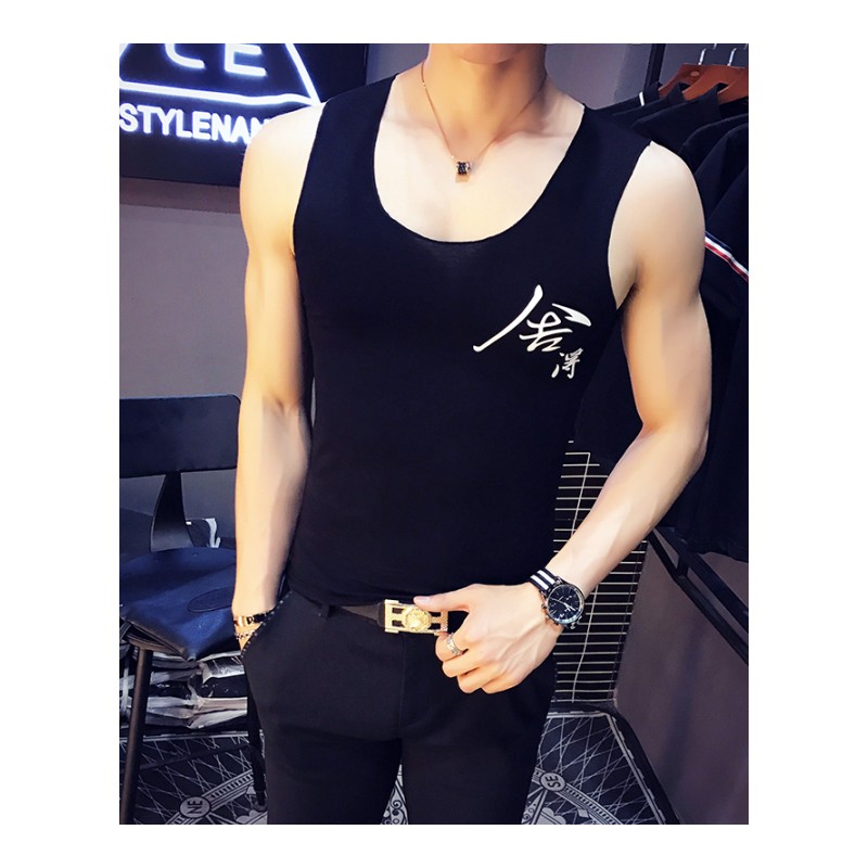 2018夏款型男背心修身个性印花无袖T恤韩版潮牌运动马夹健身肩