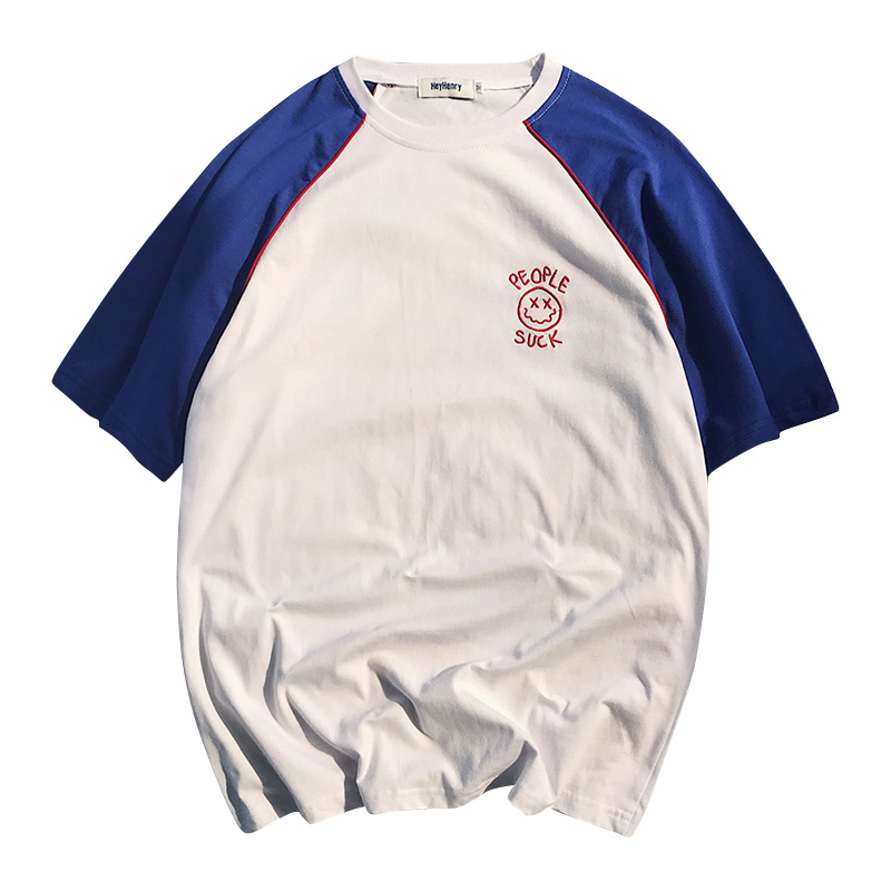 夏款新款港风宽松五分袖时尚百搭短袖T恤男韩版气质印花简约上衣