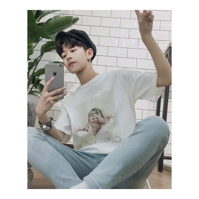 夏款新款宽松圆领短袖港风男生韩版卡通印花T恤情侣学生时尚半袖