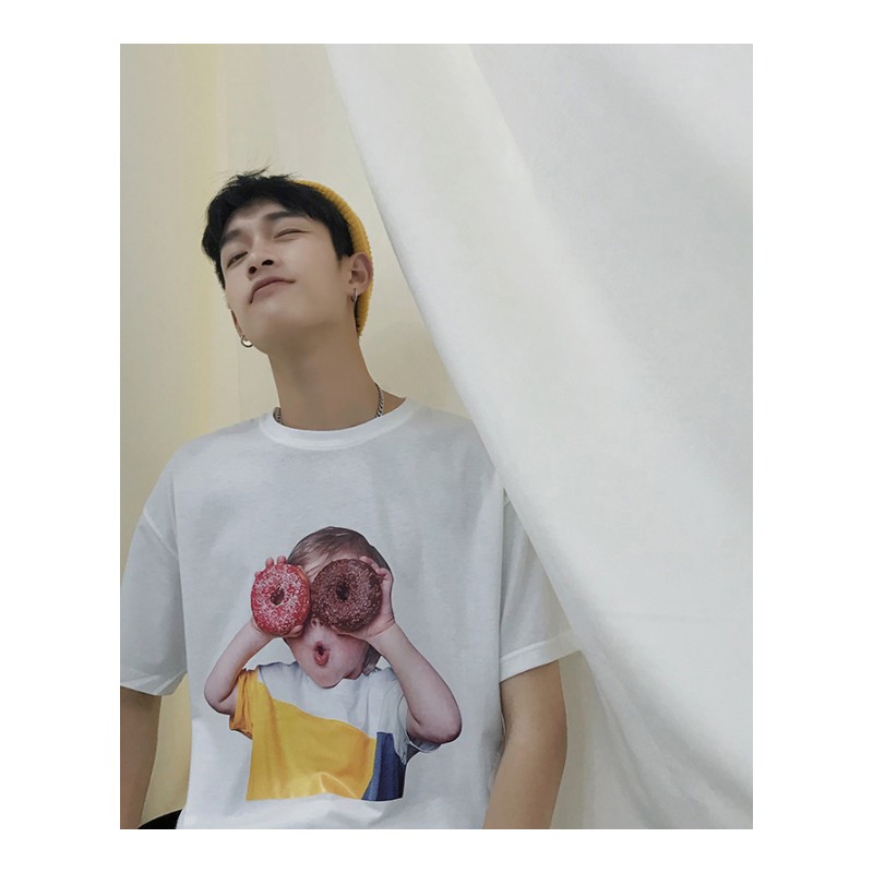 夏款韩版潮时尚情侣装趣味甜甜圈欧美小孩印花短袖T恤男宽松半袖
