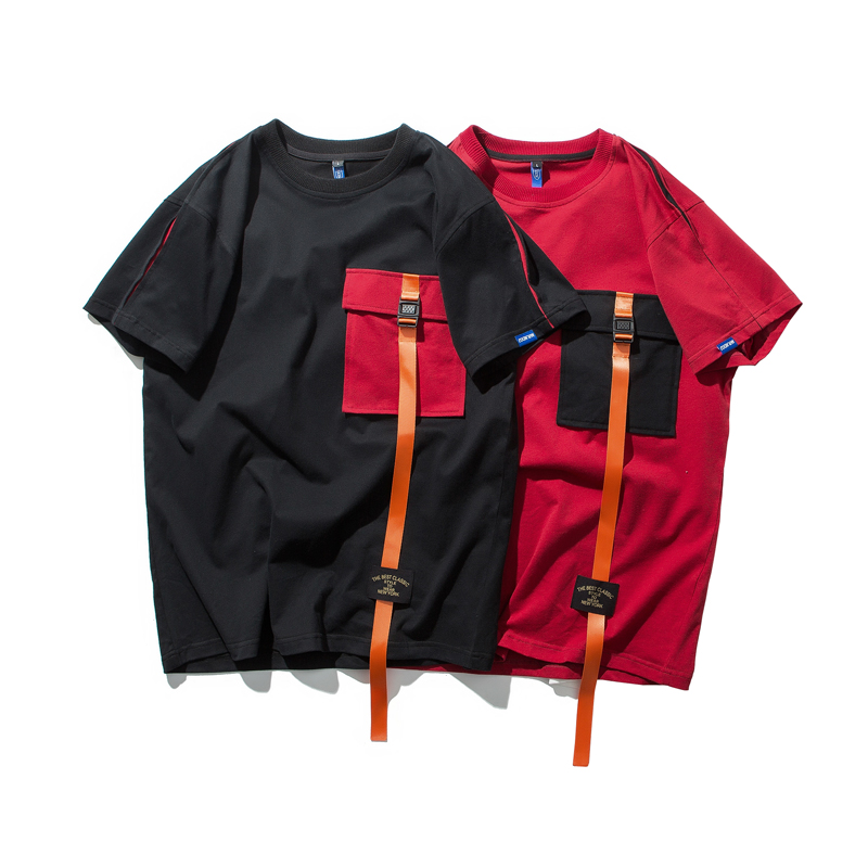 韩版夏款时尚宽松学院风中学生青年男士个性口袋设计圆领短袖T恤