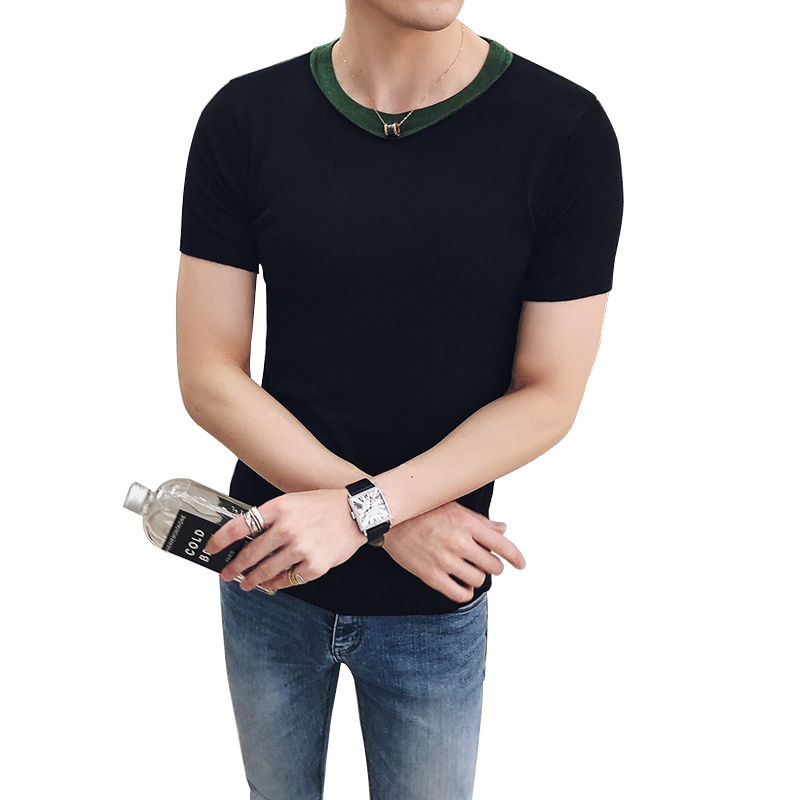 圆领短袖T恤男士2018新款异色领青年韩版修身夏款休闲针织打底衫