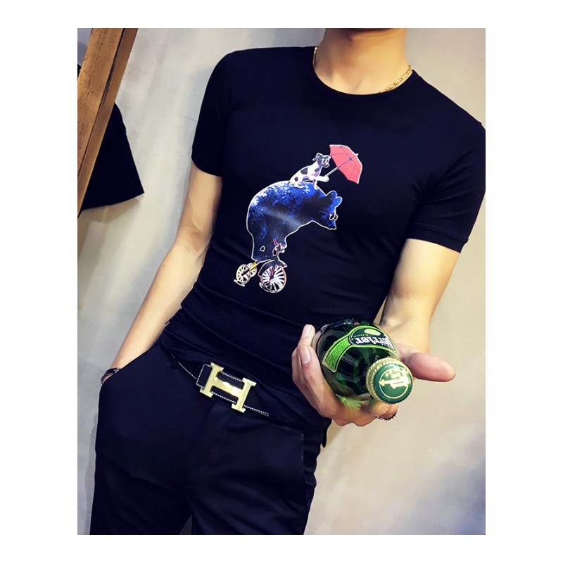 夏款2018年气质男士T恤 夏天短袖韩版圆领修身型可爱卡通白色体恤
