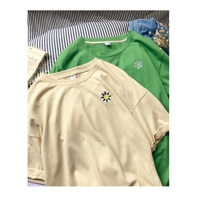 夏款韩版情侣小清新文艺范雪花太阳刺绣纯色短袖T恤男女学生宽松