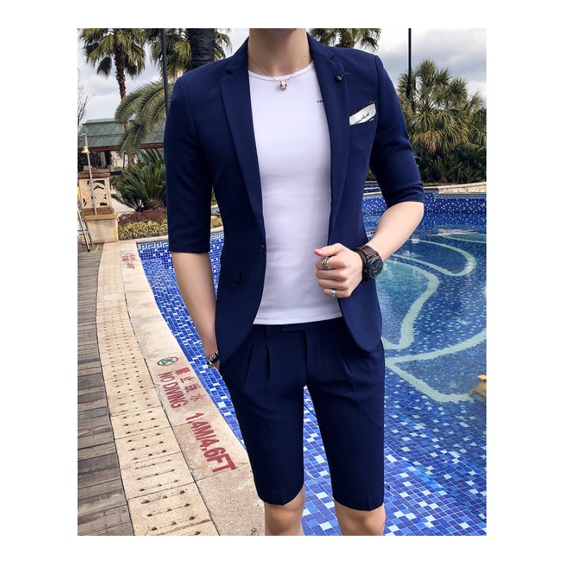 韩版夏款潮男修身七分袖西服套装青年型师时尚半袖小西装两件套