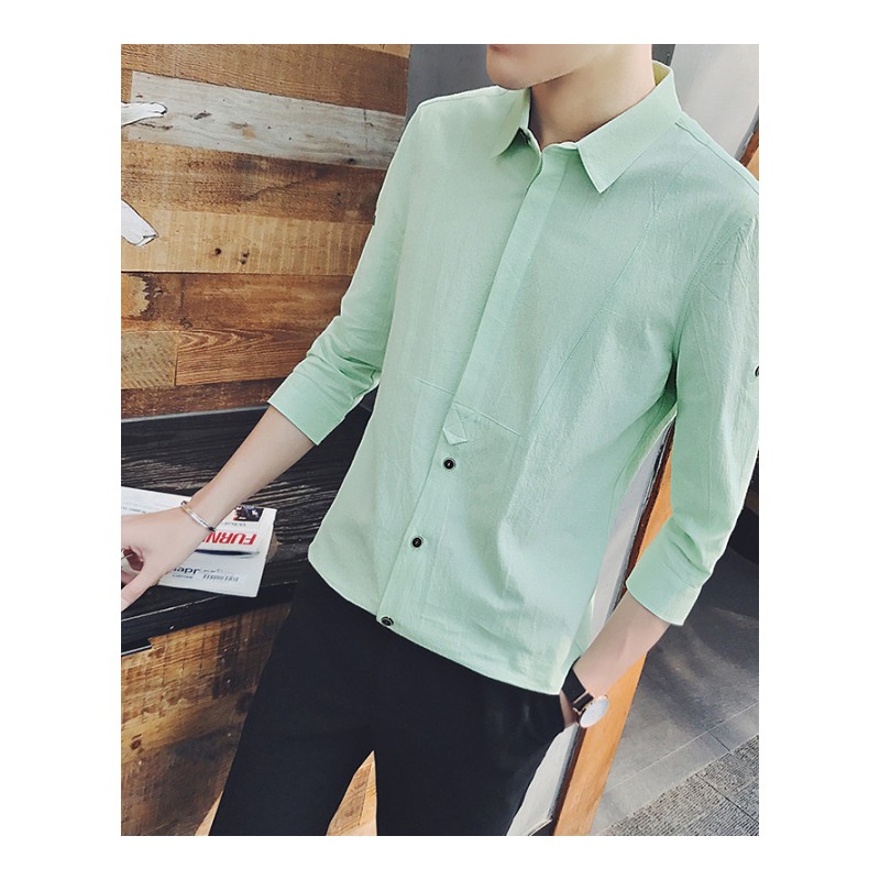 夏款日系新款纯色棉麻个性休闲衬衫男七分袖尖领衬衣潮薄款男寸衫
