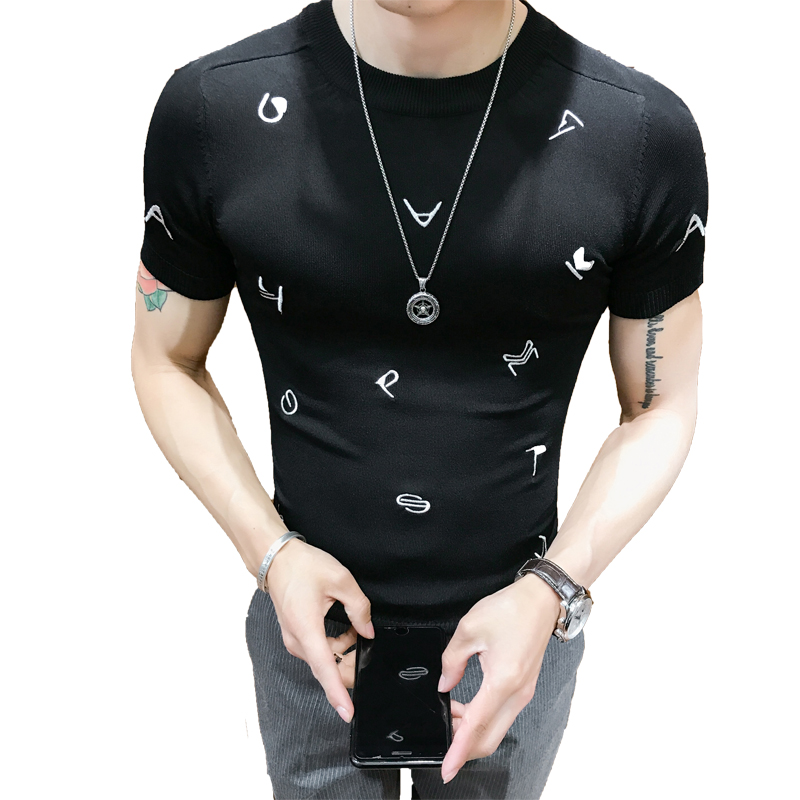 圆领短袖T恤男士2018夏款韩版修身个性字母刺绣潮针织打底衫