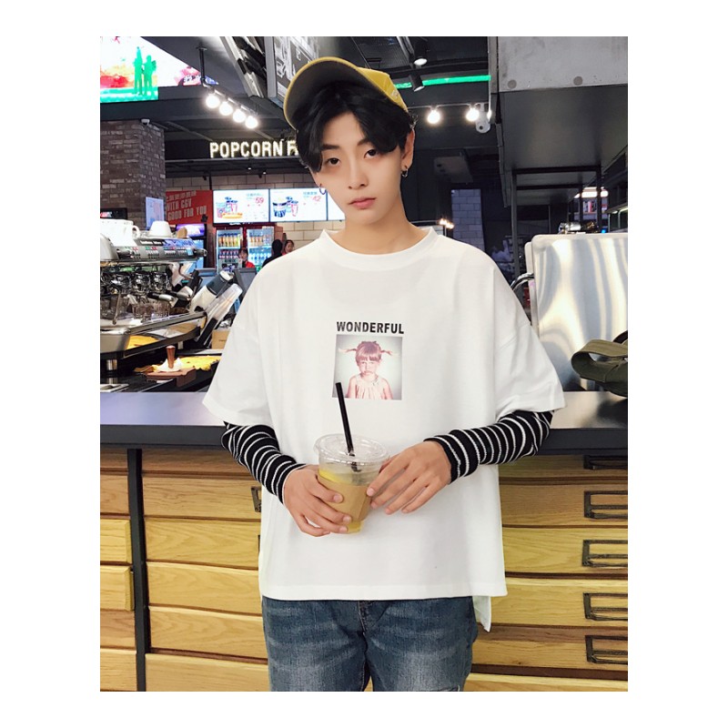 2018春夏青少年拼色假两件长袖T恤男圆领宽松时尚日系原宿打底衫t