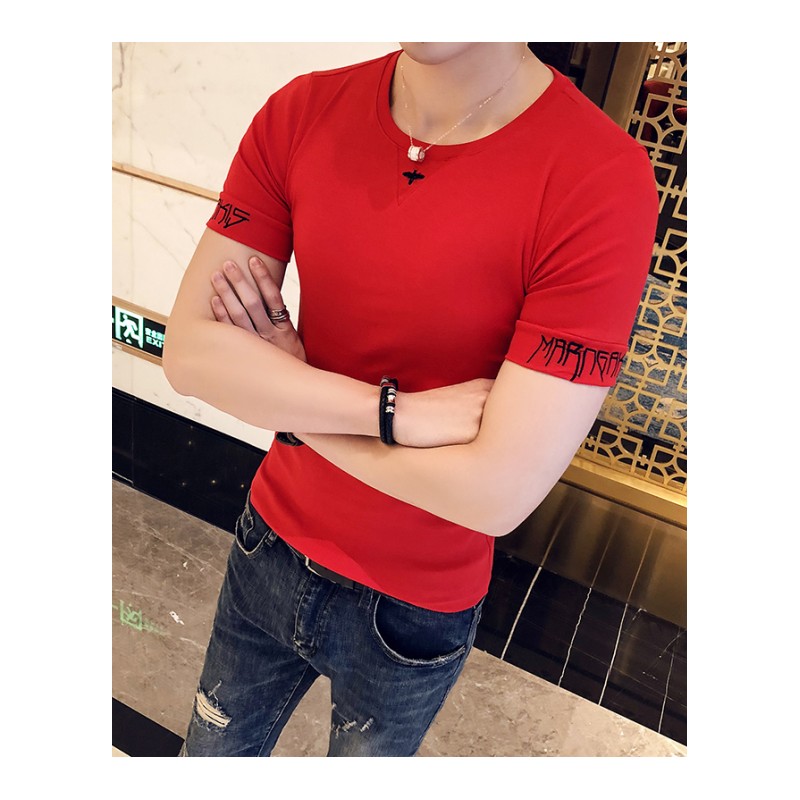 2018年春装男士酒红色短袖T恤 青少年圆领紧身型修身休闲运动打底
