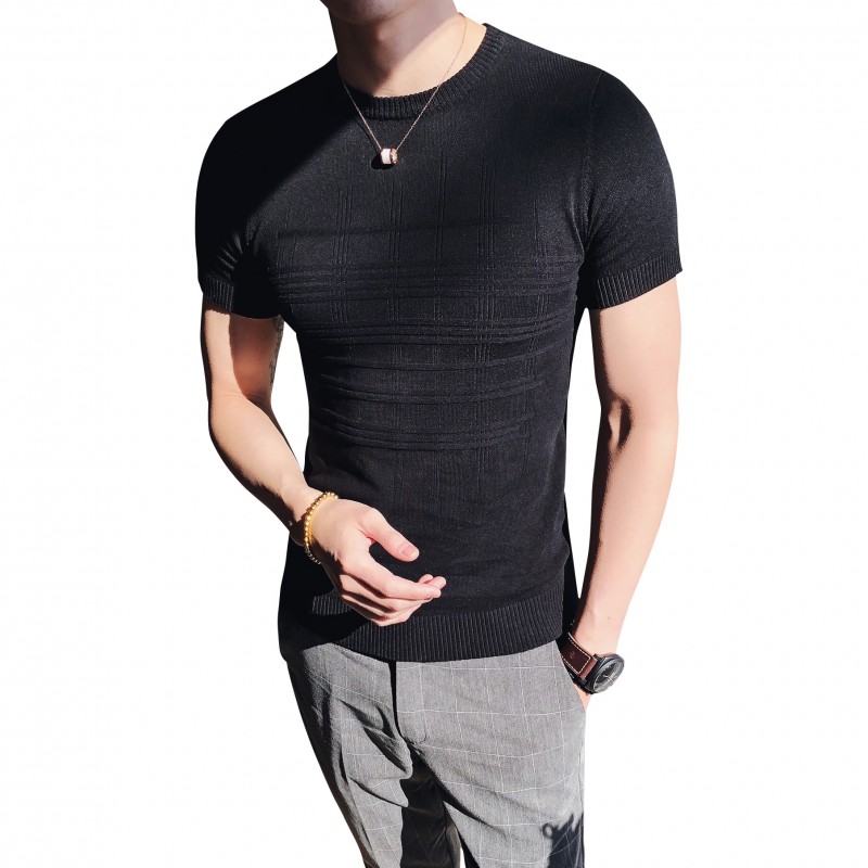 薄款圆领短袖T恤男士2018夏款韩版修身纯色条纹潮帅气针织打底衫
