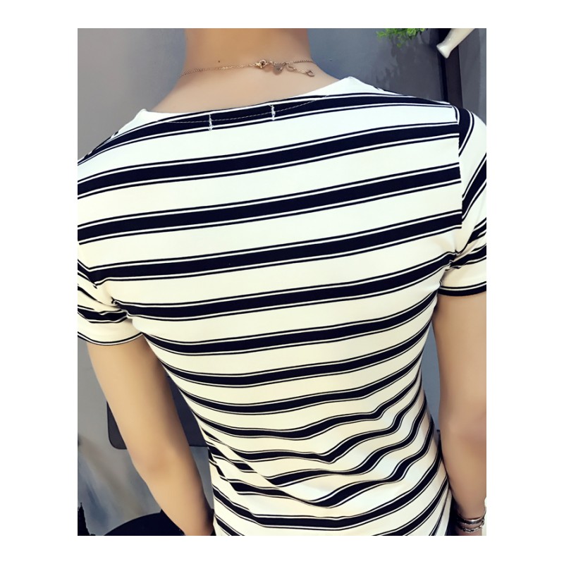 夏款男装型师细条纹短袖T恤薄款时尚鸡心V领紧身半袖小衫上衣服