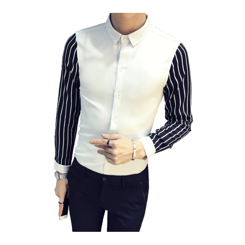 2018年春夏黑条竖条纹拼接袖男士衬衫韩版修身型衬衣歌手型师