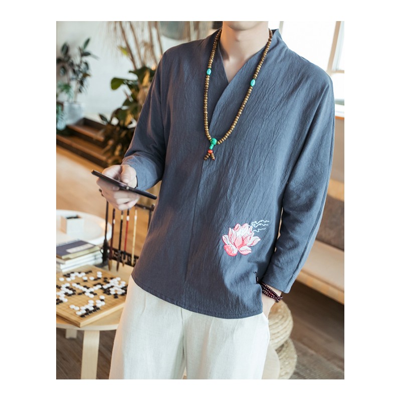 春夏新款荷花刺绣九分袖T恤男士大码V领宽松上衣中国风棉麻长袖潮