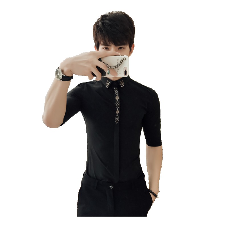 亮钻烫印个性百搭中袖修身衬衫时尚潮男士型师七分村衣夏款新款