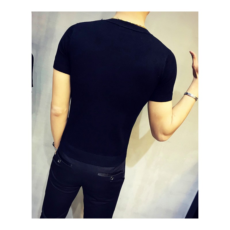 夏款新款时尚韩版修身上衣针织打底衫社会小伙圆领紧身短袖T恤男