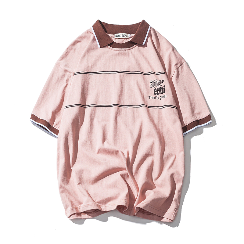2018夏款韩版宽松条纹印花POLO衫短袖男女学生百搭T恤班服翻领TEE